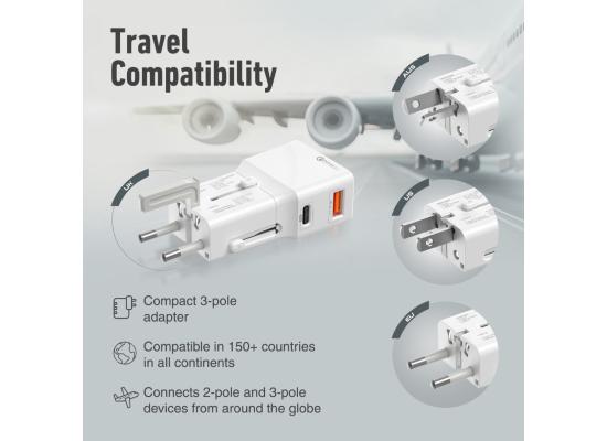 Promate TriPlug-PD20 International Travel Adapter with USB-C 20W PD